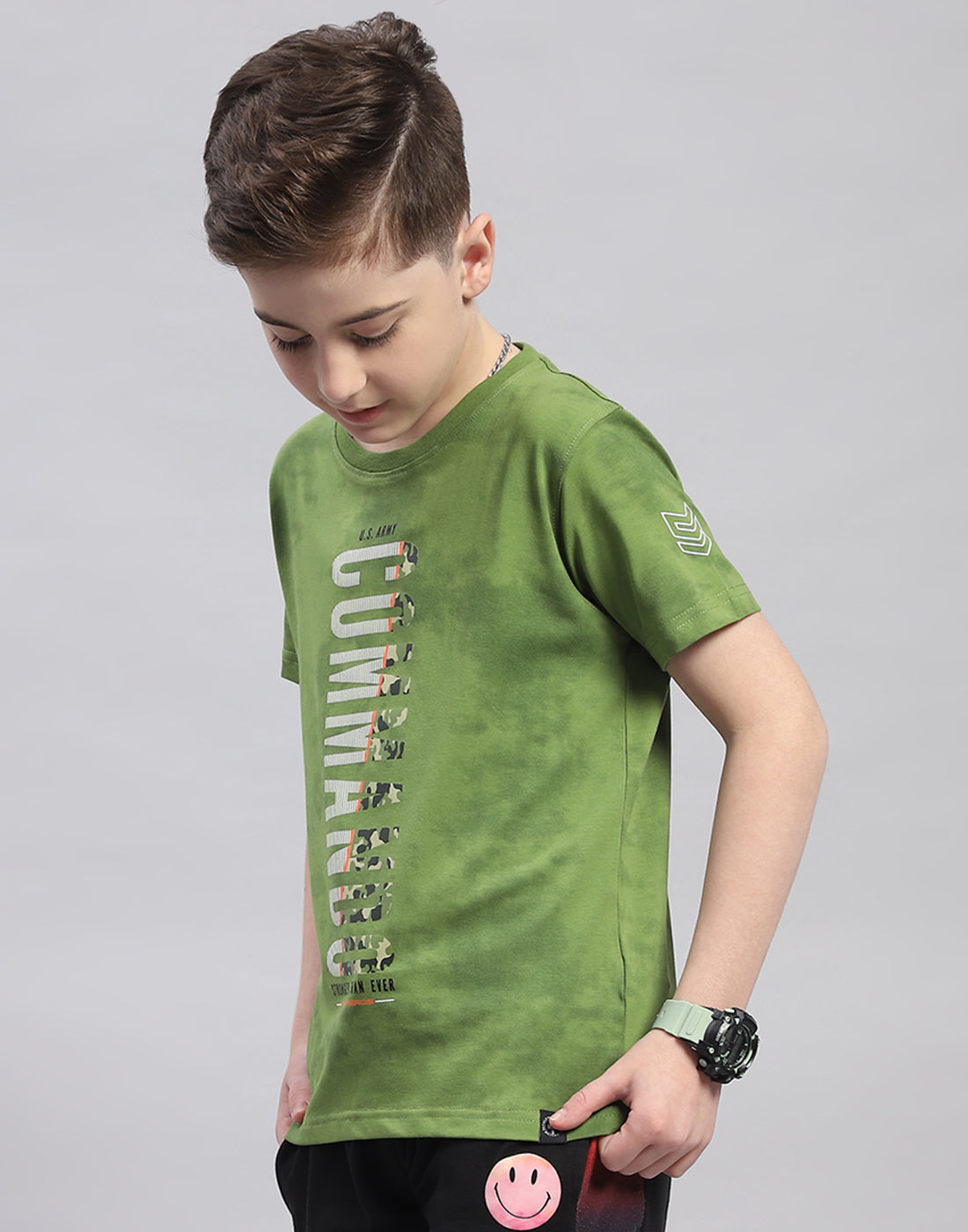 Boys Green Printed Round Neck Half Sleeve T-Shirt