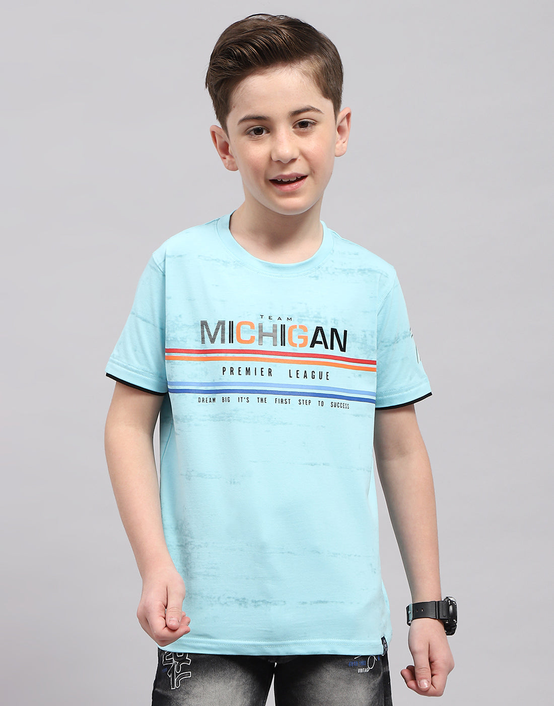 Boys Blue Printed Round Neck Half Sleeve T-Shirt