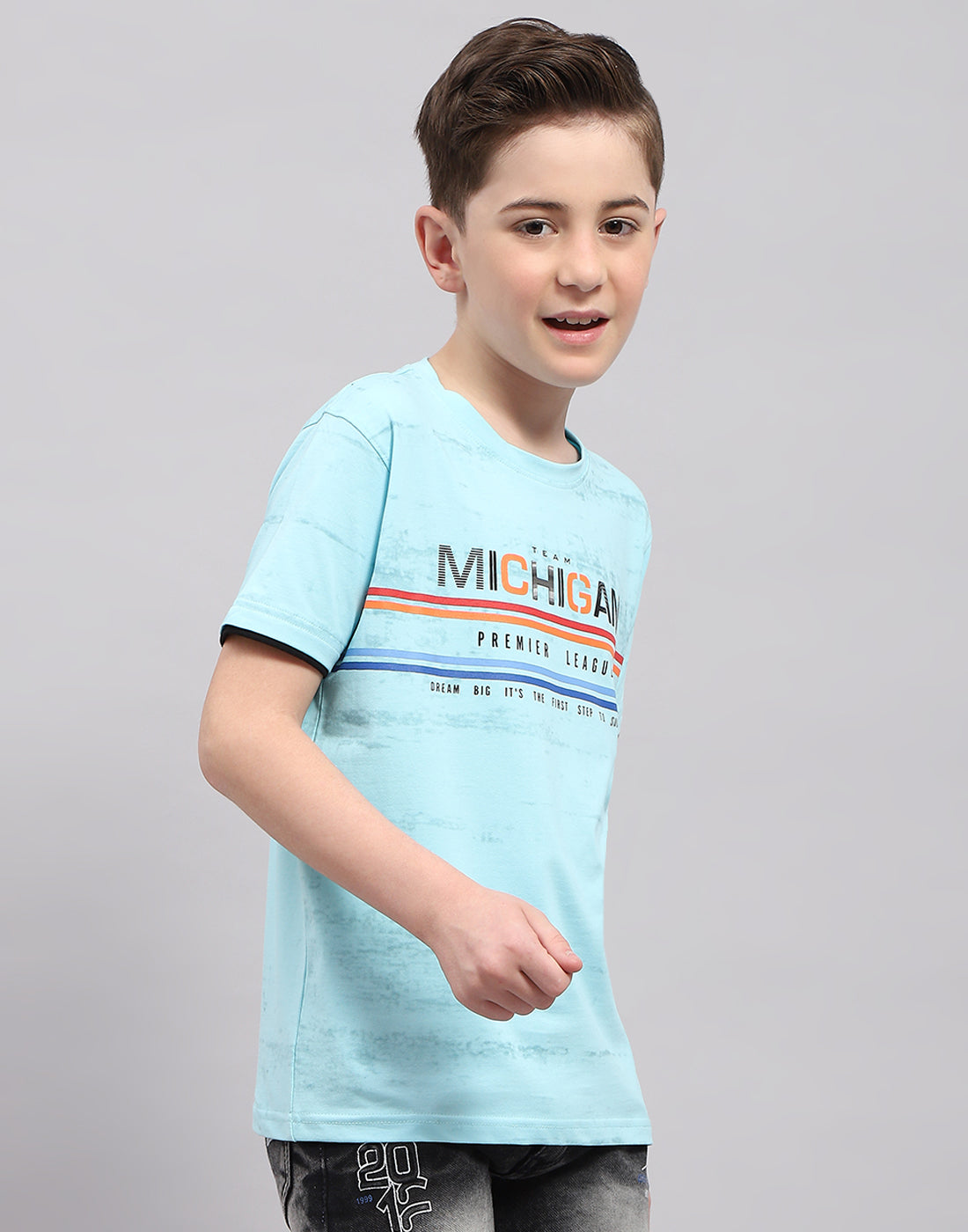 Boys Blue Printed Round Neck Half Sleeve T-Shirt