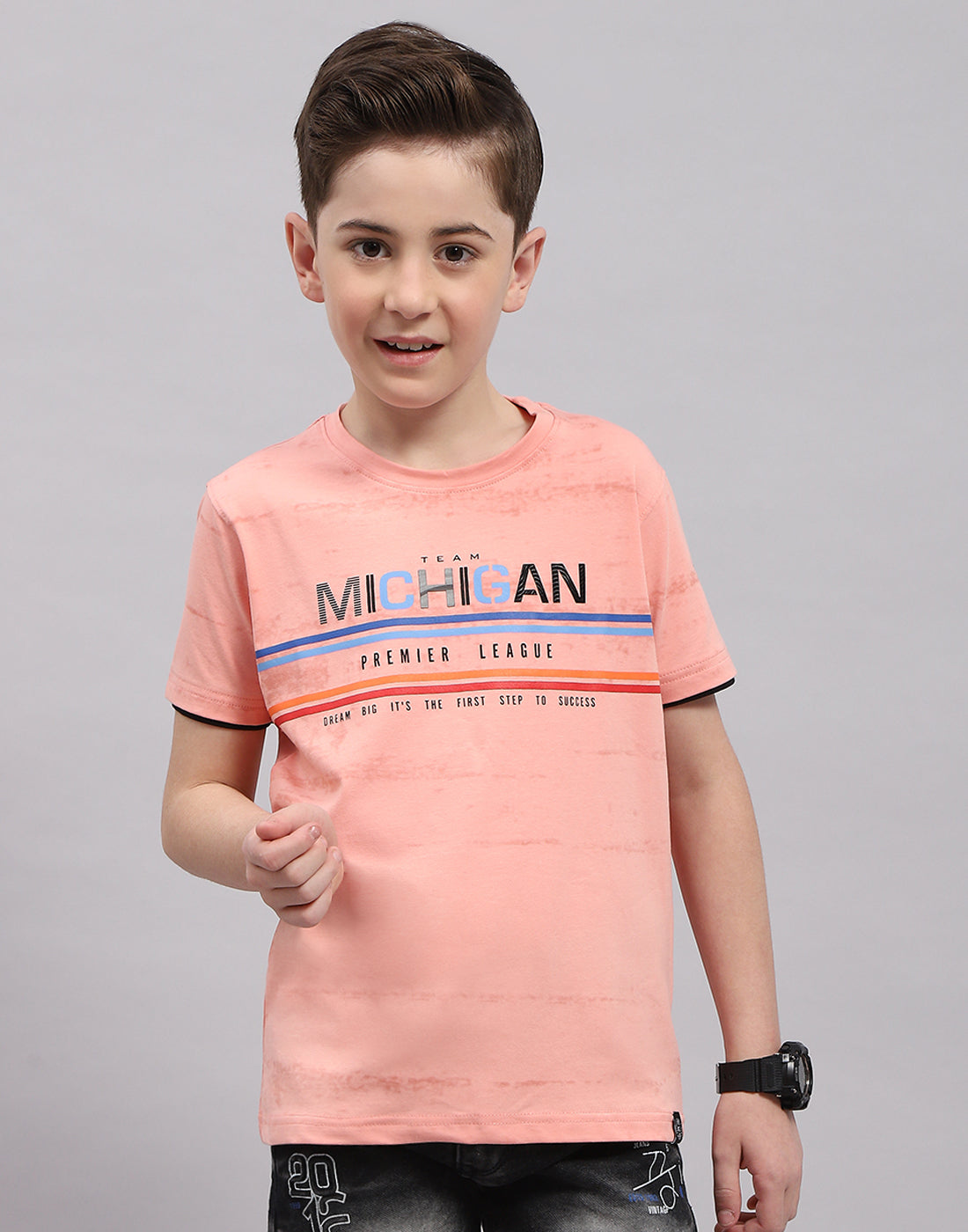 Boys Peach Printed Round Neck Half Sleeve T-Shirt