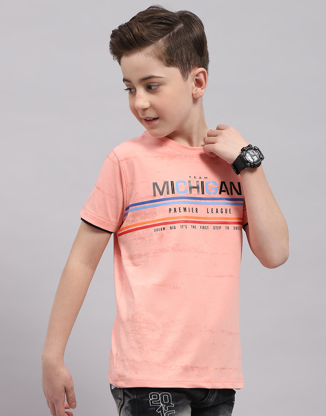 Boys Peach Printed Round Neck Half Sleeve T-Shirt
