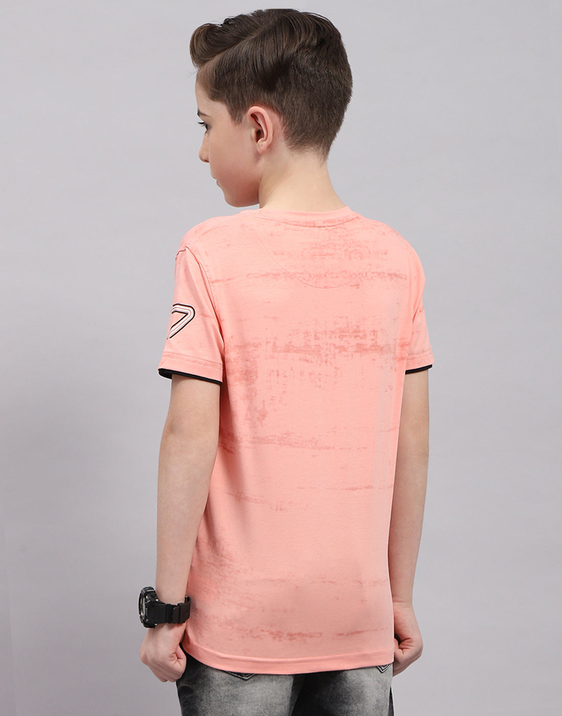 Boys Peach Printed Round Neck Half Sleeve T-Shirt