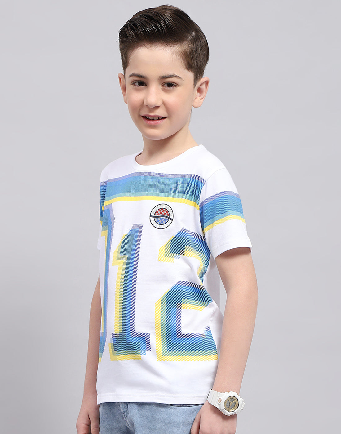 Boys White Printed Round Neck Half Sleeve T-Shirt
