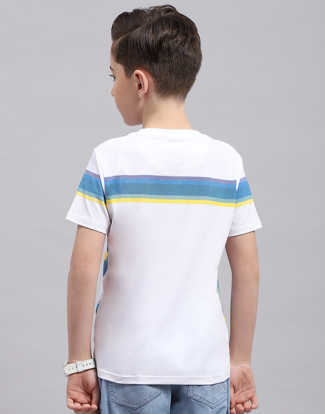 Boys White Printed Round Neck Half Sleeve T-Shirt