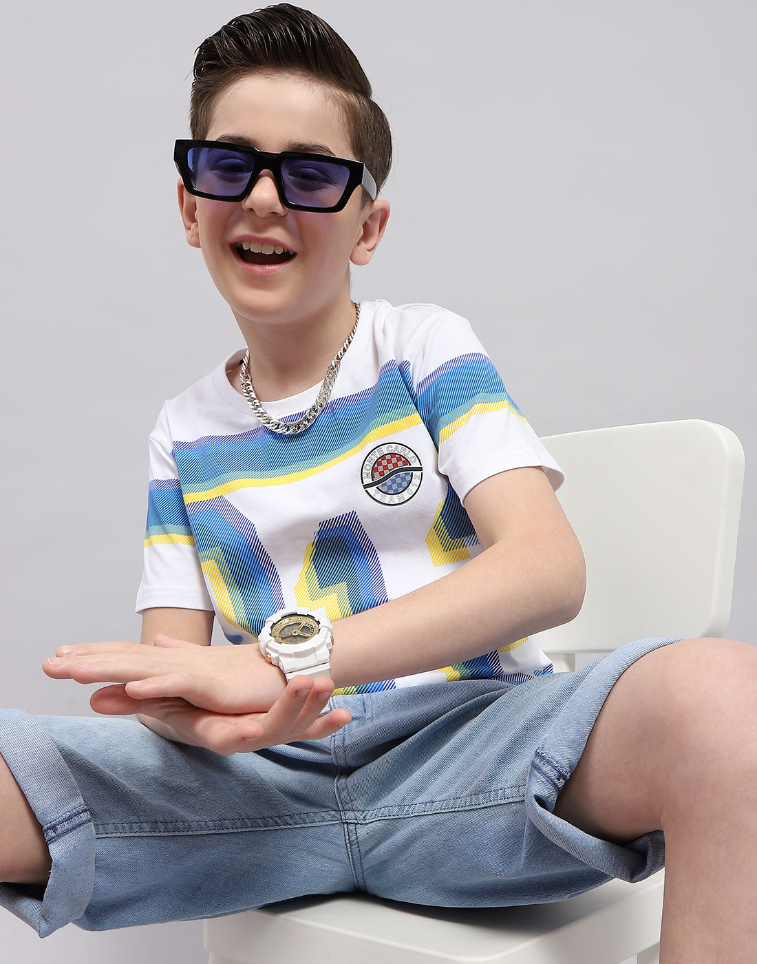 Boys White Printed Round Neck Half Sleeve T-Shirt