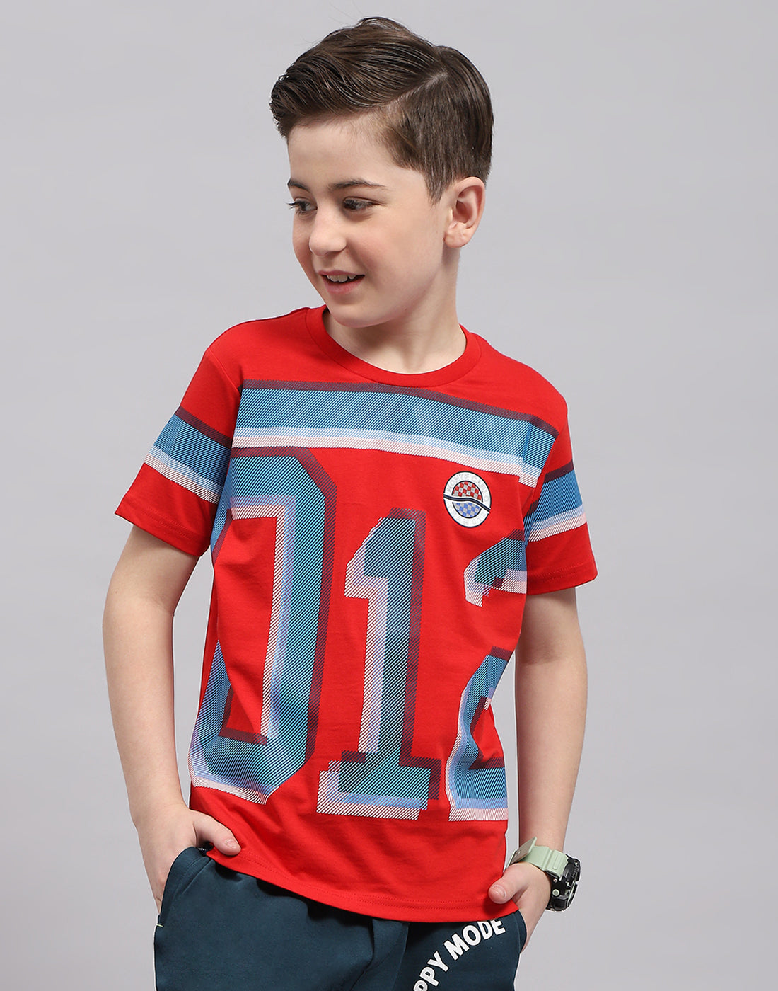 Boys Red Printed Round Neck Half Sleeve T-Shirt