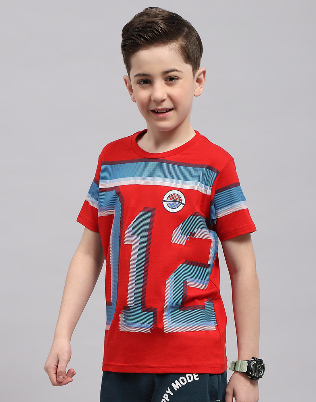 Boys Red Printed Round Neck Half Sleeve T-Shirt