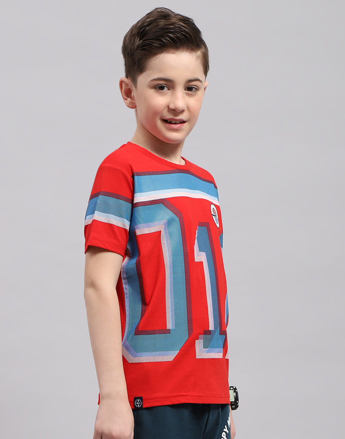 Boys Red Printed Round Neck Half Sleeve T-Shirt
