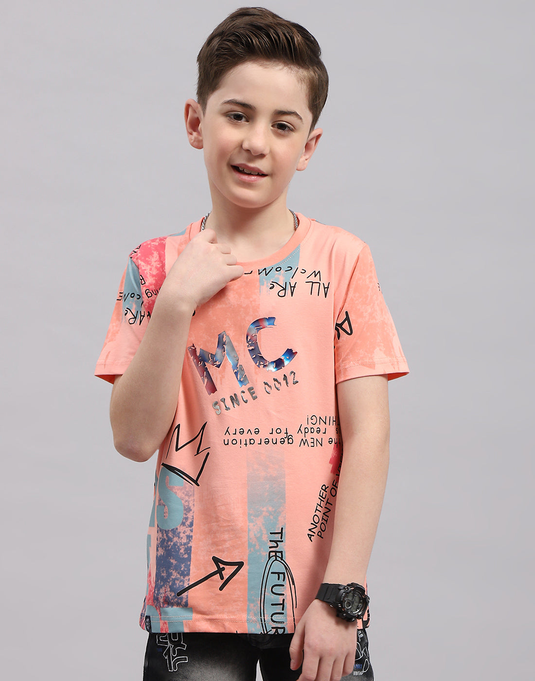 Boys Peach Printed Round Neck Half Sleeve T-Shirt