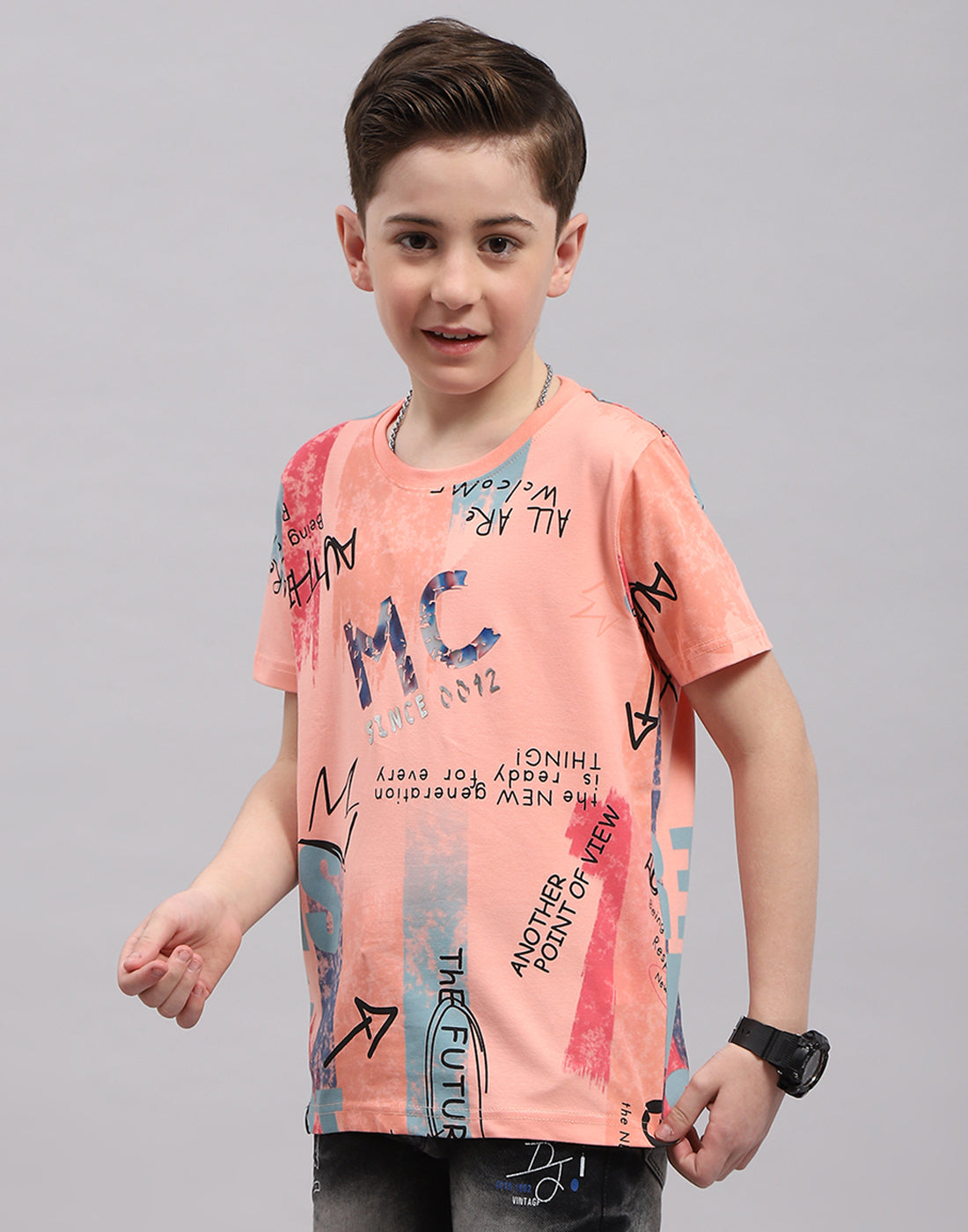 Boys Peach Printed Round Neck Half Sleeve T-Shirt