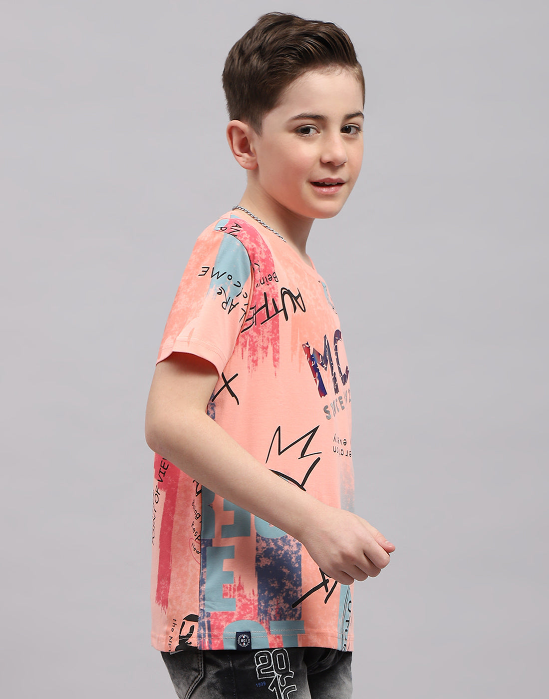 Boys Peach Printed Round Neck Half Sleeve T-Shirt