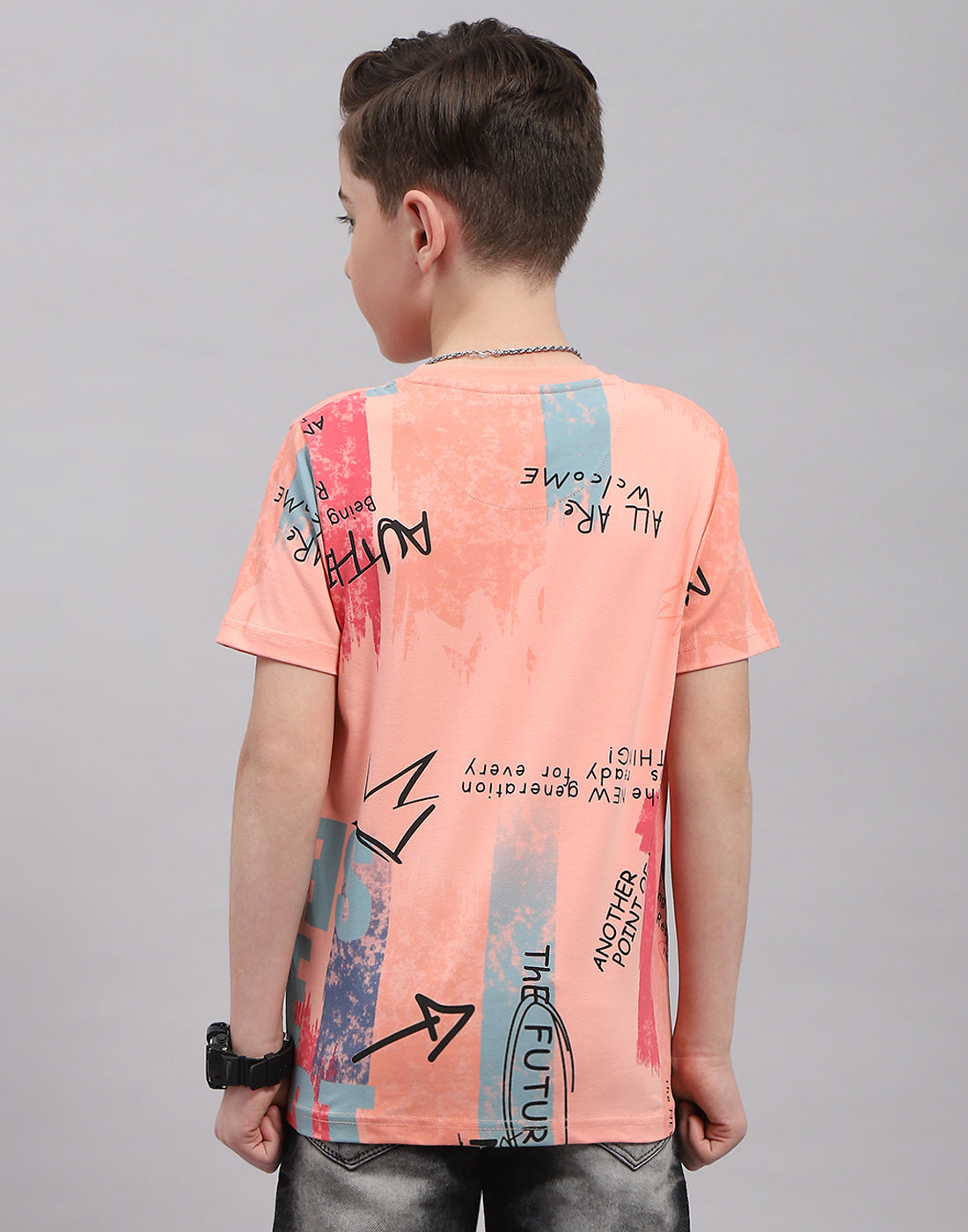 Boys Peach Printed Round Neck Half Sleeve T-Shirt