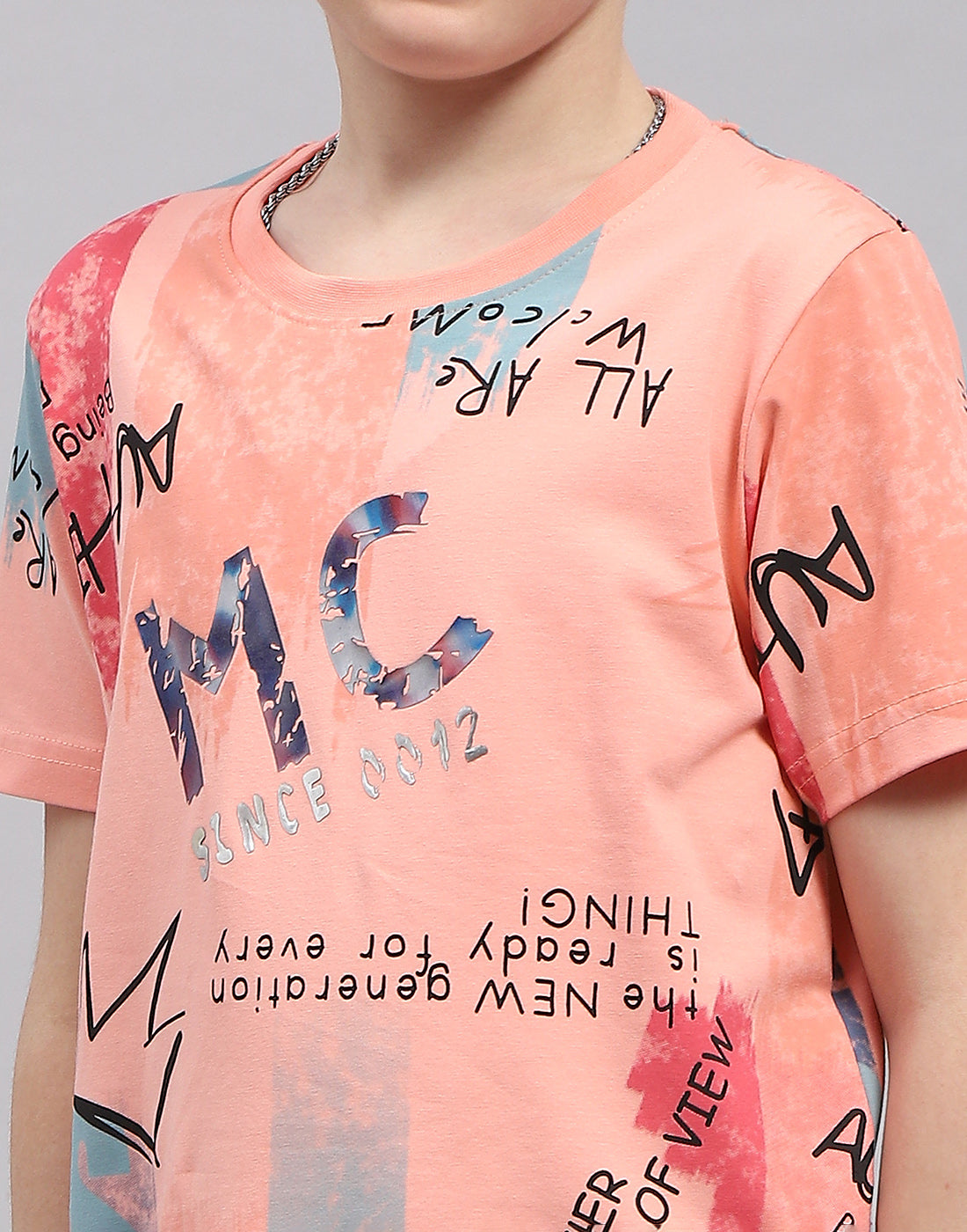 Boys Peach Printed Round Neck Half Sleeve T-Shirt