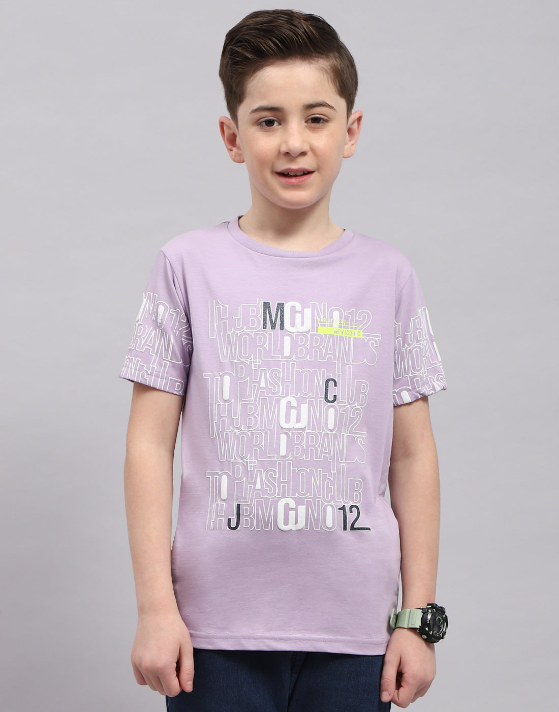 Boys Purple Printed Round Neck Half Sleeve T-Shirt