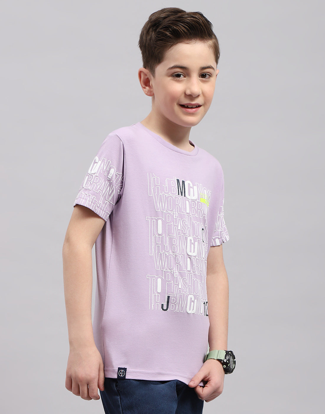 Boys Purple Printed Round Neck Half Sleeve T-Shirt