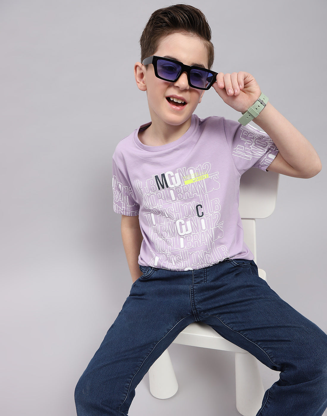 Boys Purple Printed Round Neck Half Sleeve T-Shirt