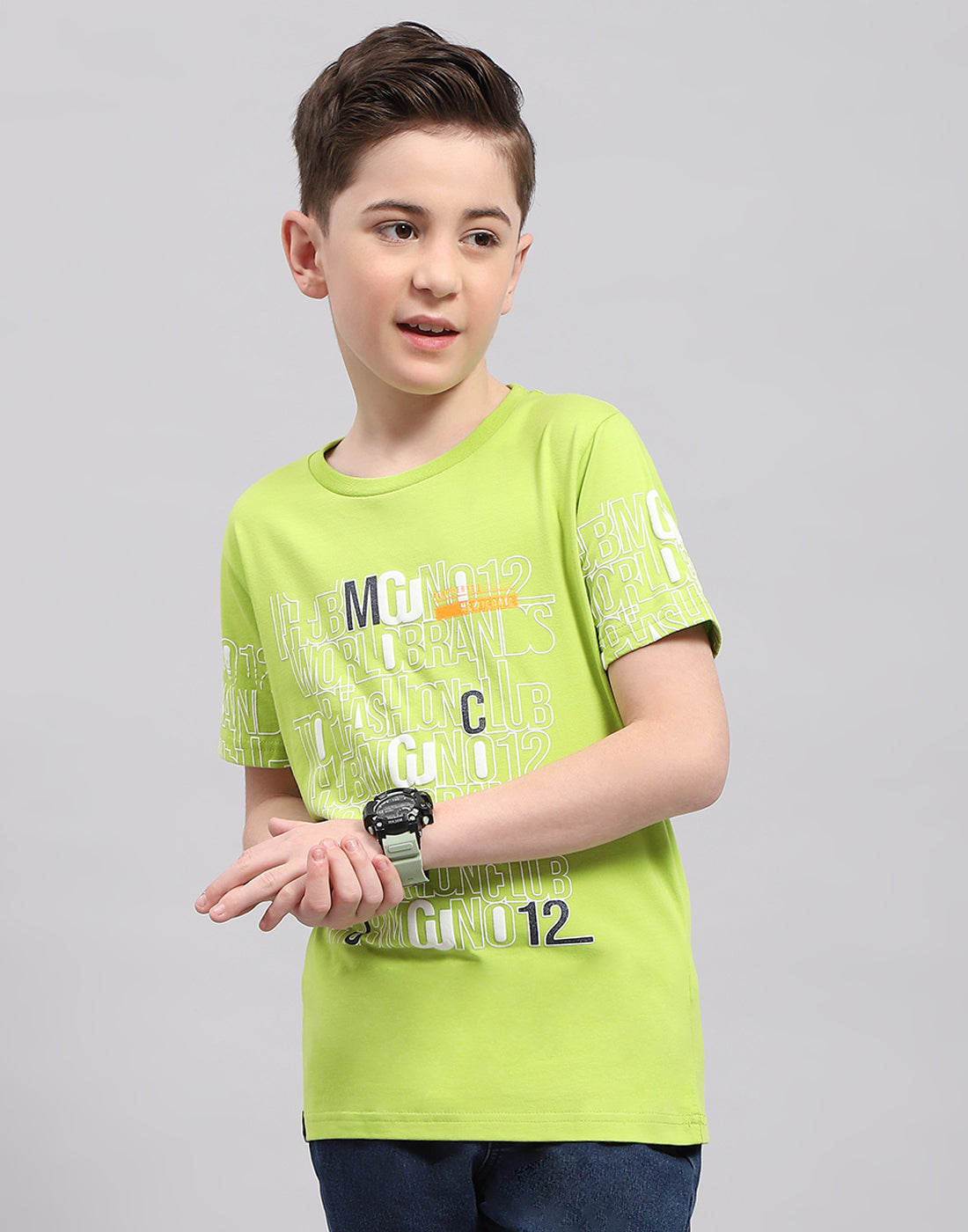 Boys Green Printed Round Neck Half Sleeve T-Shirt