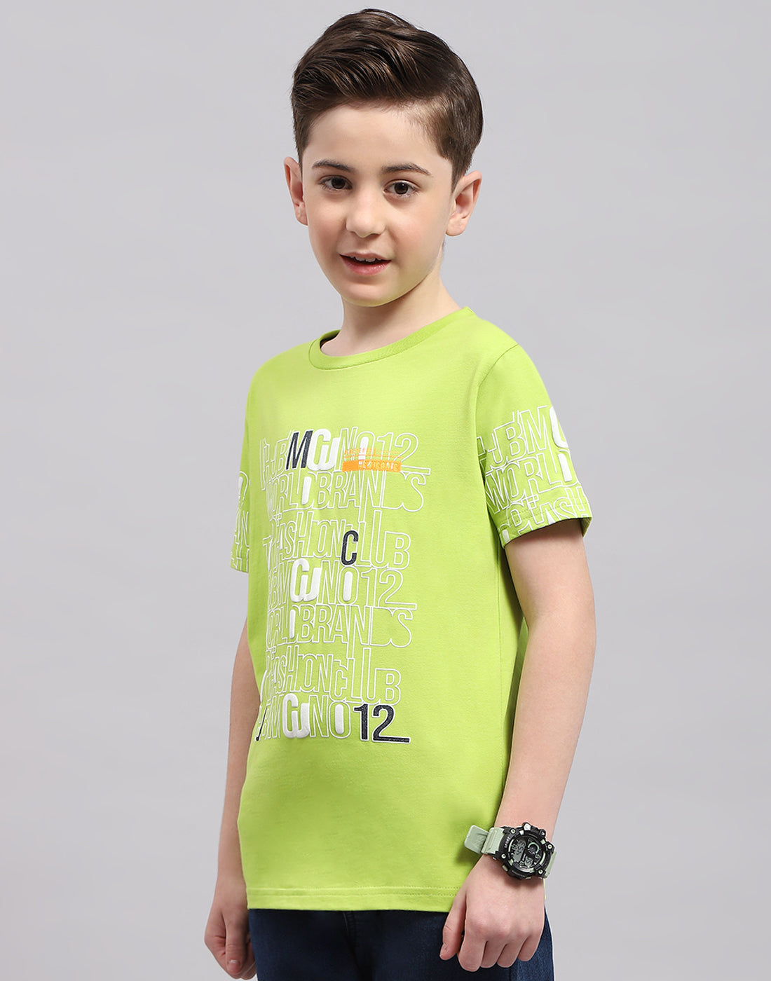 Boys Green Printed Round Neck Half Sleeve T-Shirt