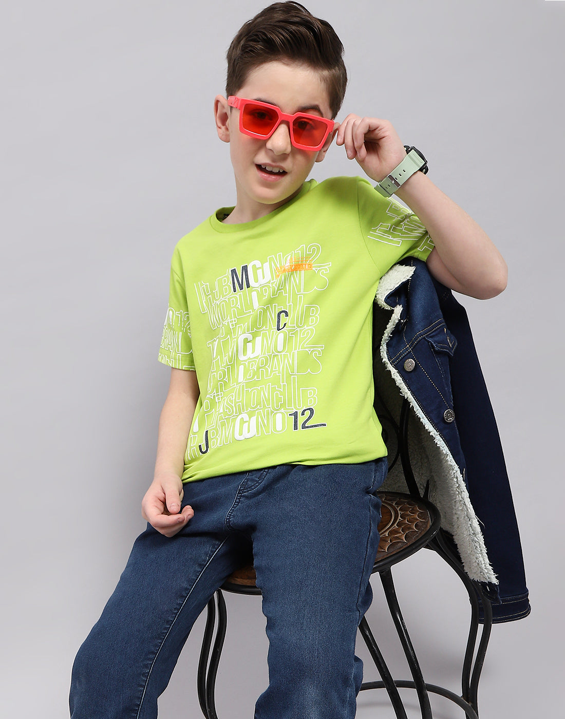 Boys Green Printed Round Neck Half Sleeve T-Shirt