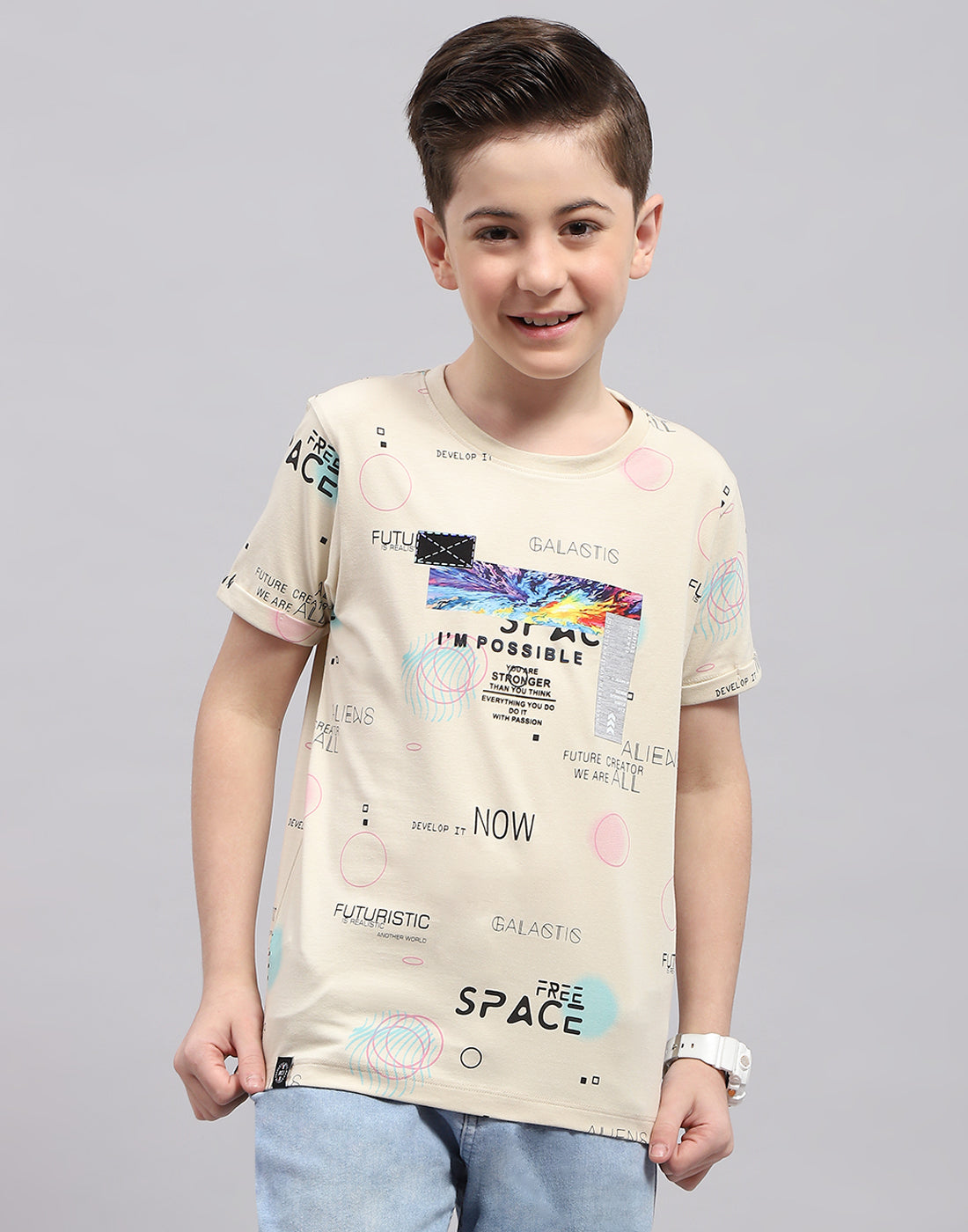 Boys Beige Printed Round Neck Half Sleeve T-Shirt