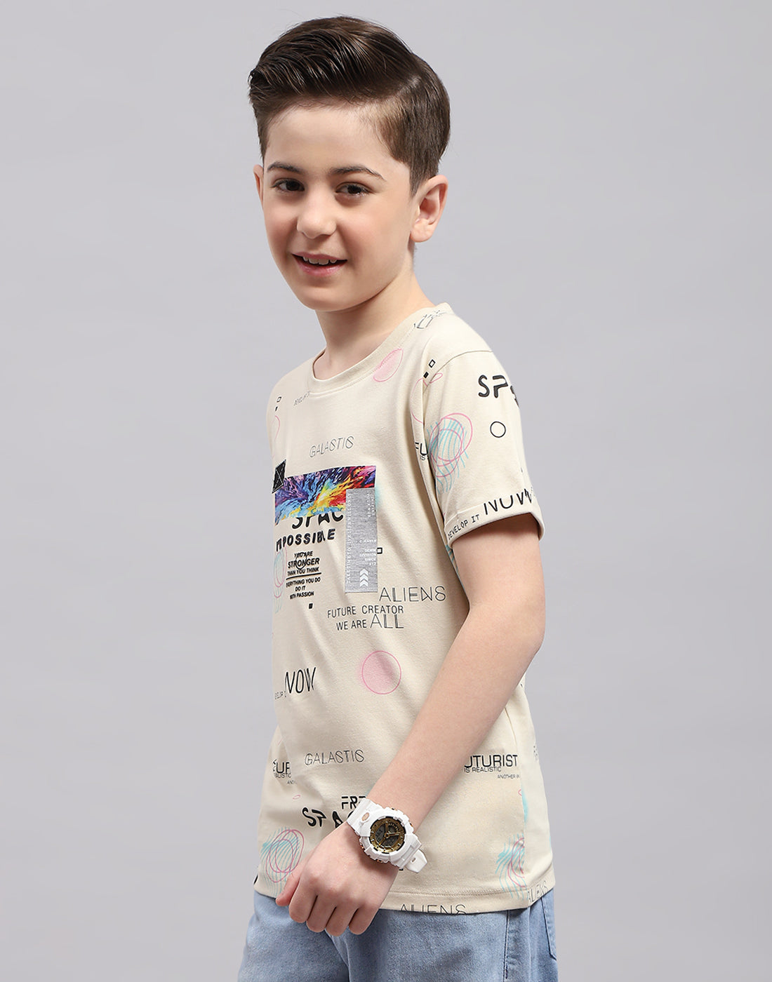 Boys Beige Printed Round Neck Half Sleeve T-Shirt