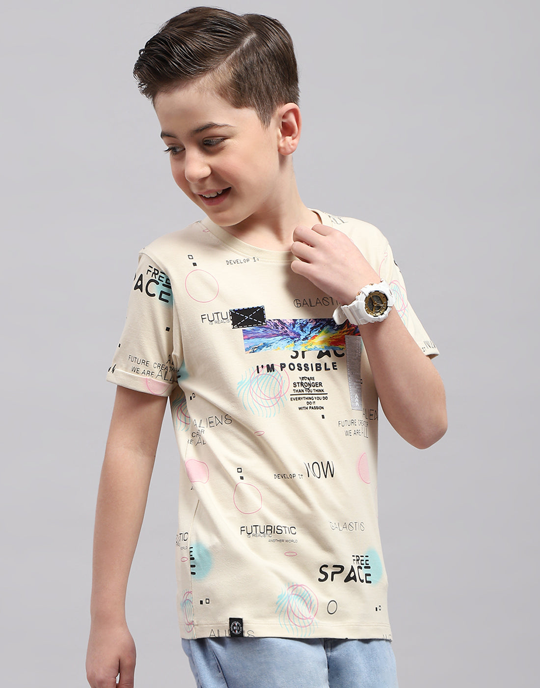 Boys Beige Printed Round Neck Half Sleeve T-Shirt
