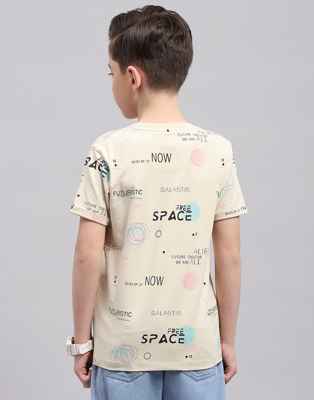 Boys Beige Printed Round Neck Half Sleeve T-Shirt