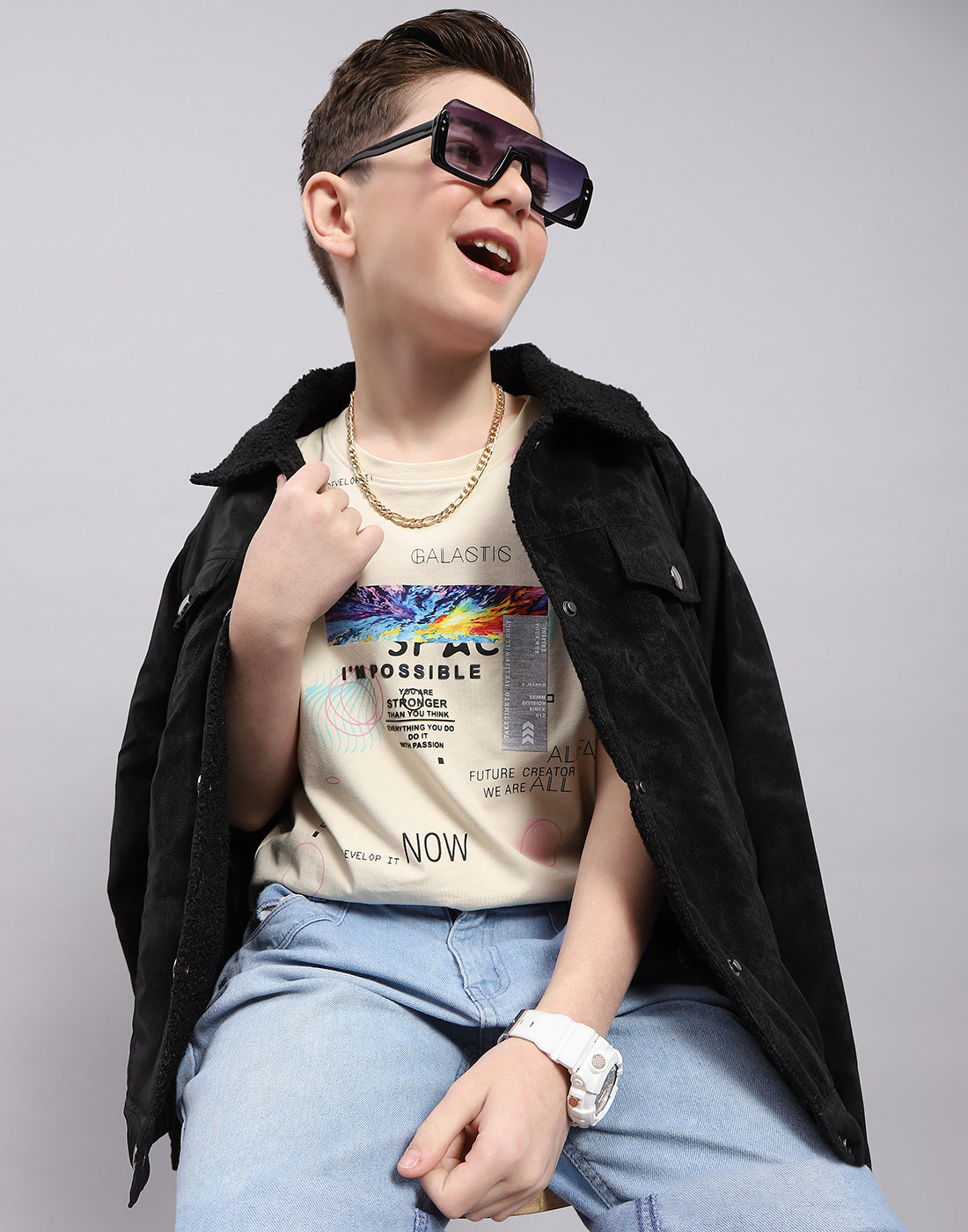 Boys Beige Printed Round Neck Half Sleeve T-Shirt