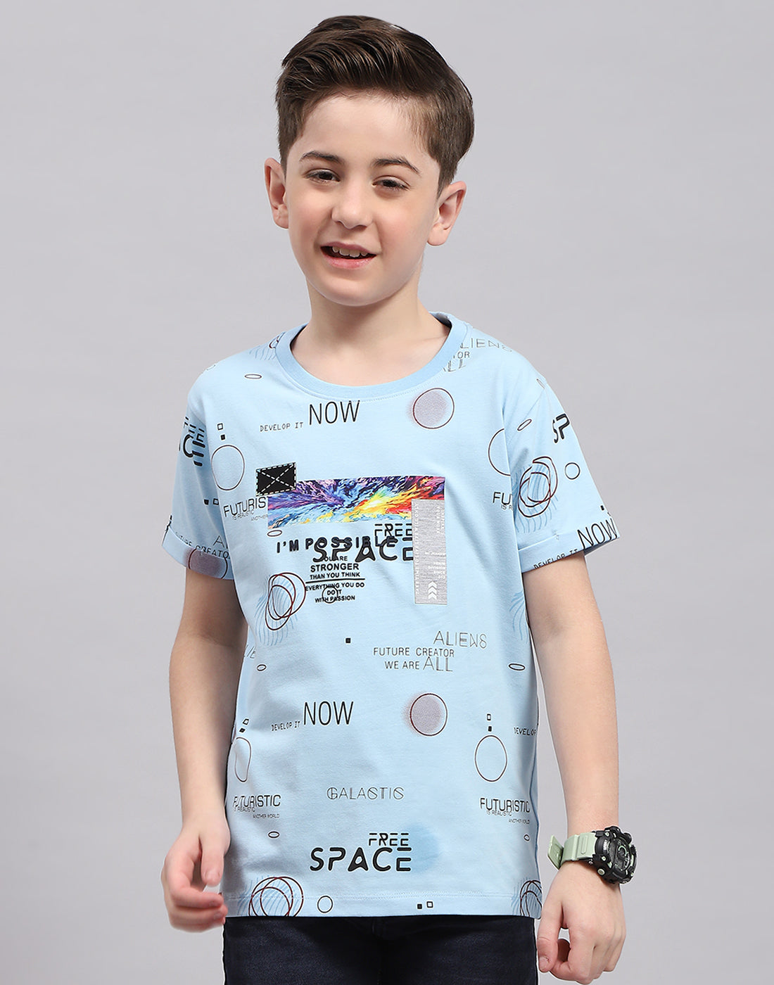 Boys Blue Printed Round Neck Half Sleeve T-Shirt