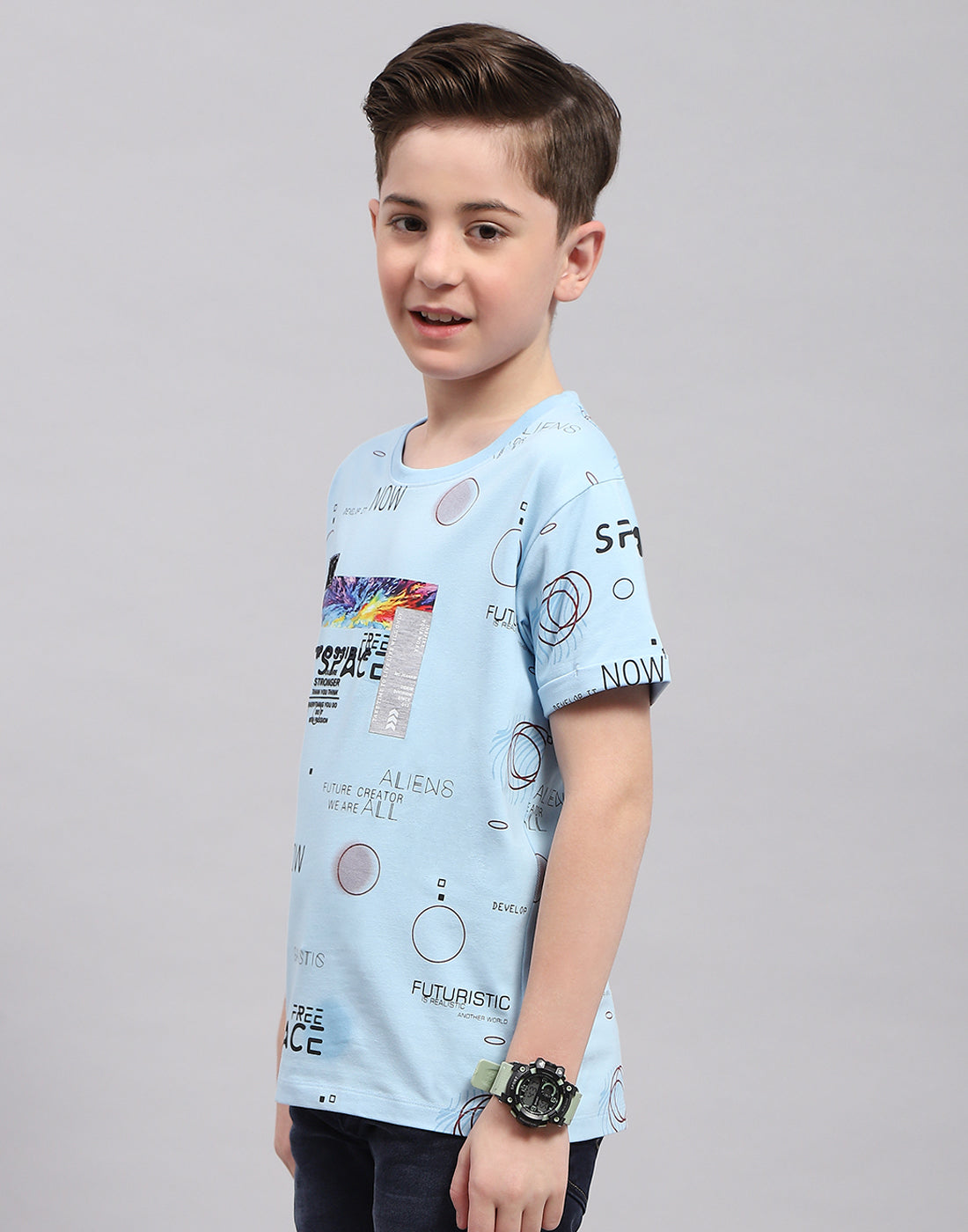 Boys Blue Printed Round Neck Half Sleeve T-Shirt