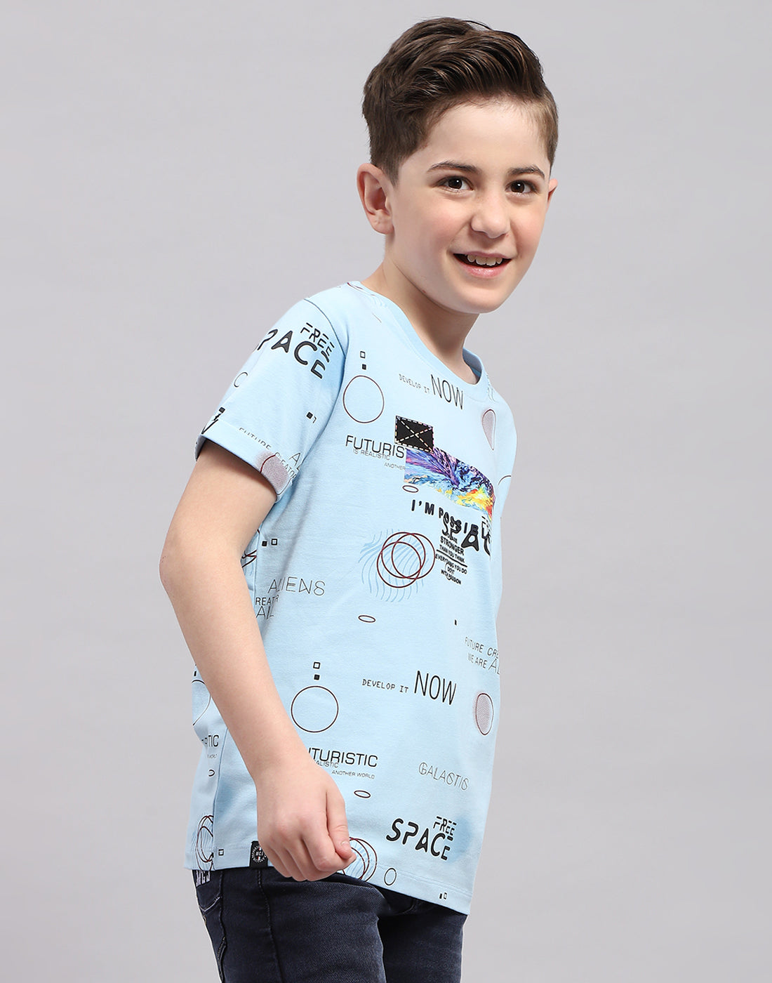 Boys Blue Printed Round Neck Half Sleeve T-Shirt