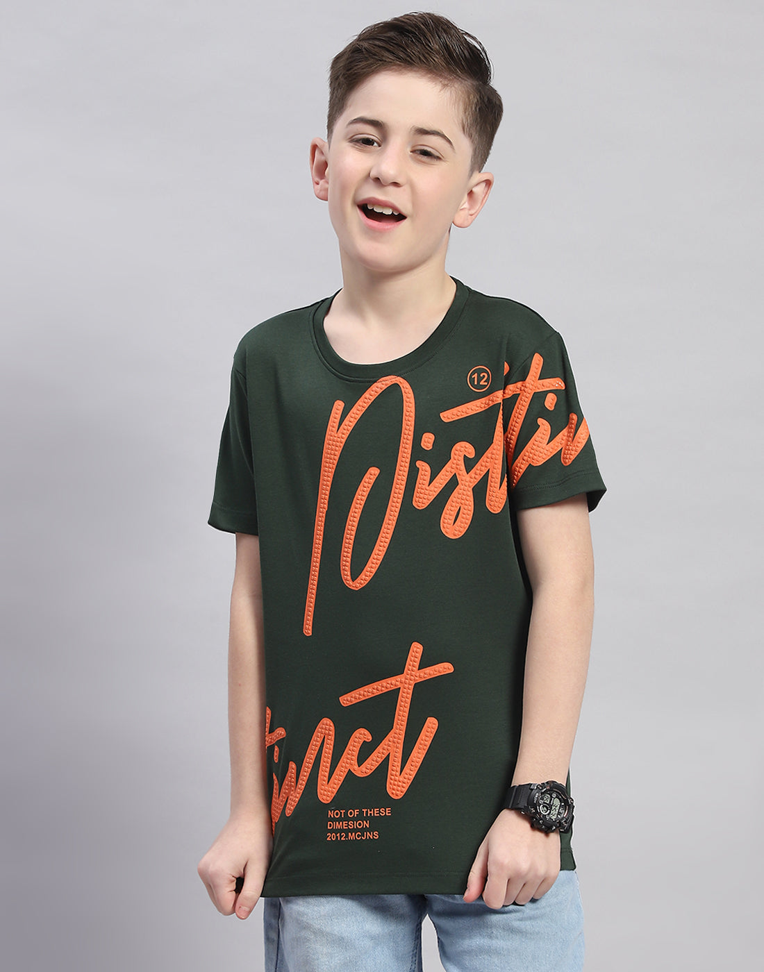 Boys Green Printed Round Neck Half Sleeve T-Shirt
