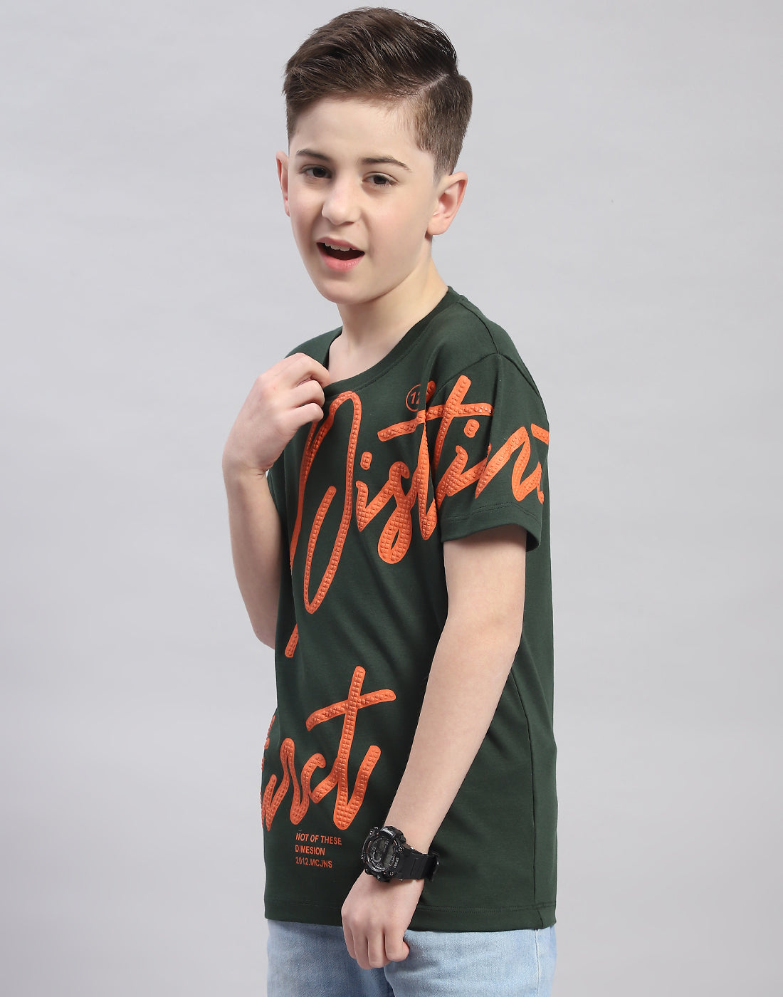 Boys Green Printed Round Neck Half Sleeve T-Shirt