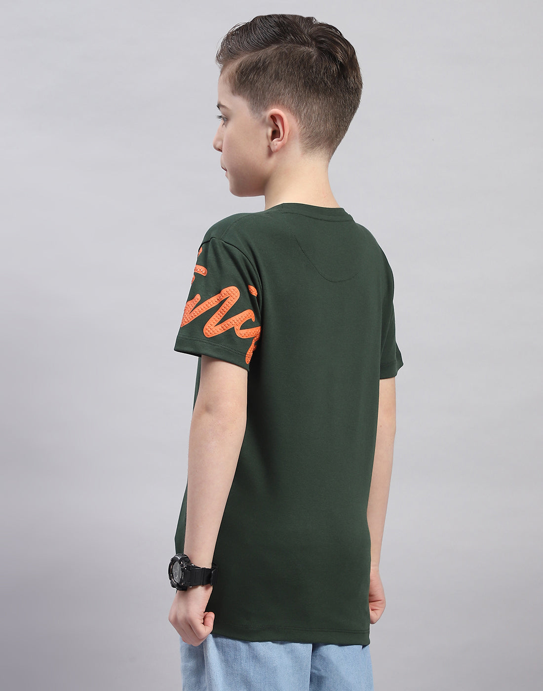 Boys Green Printed Round Neck Half Sleeve T-Shirt