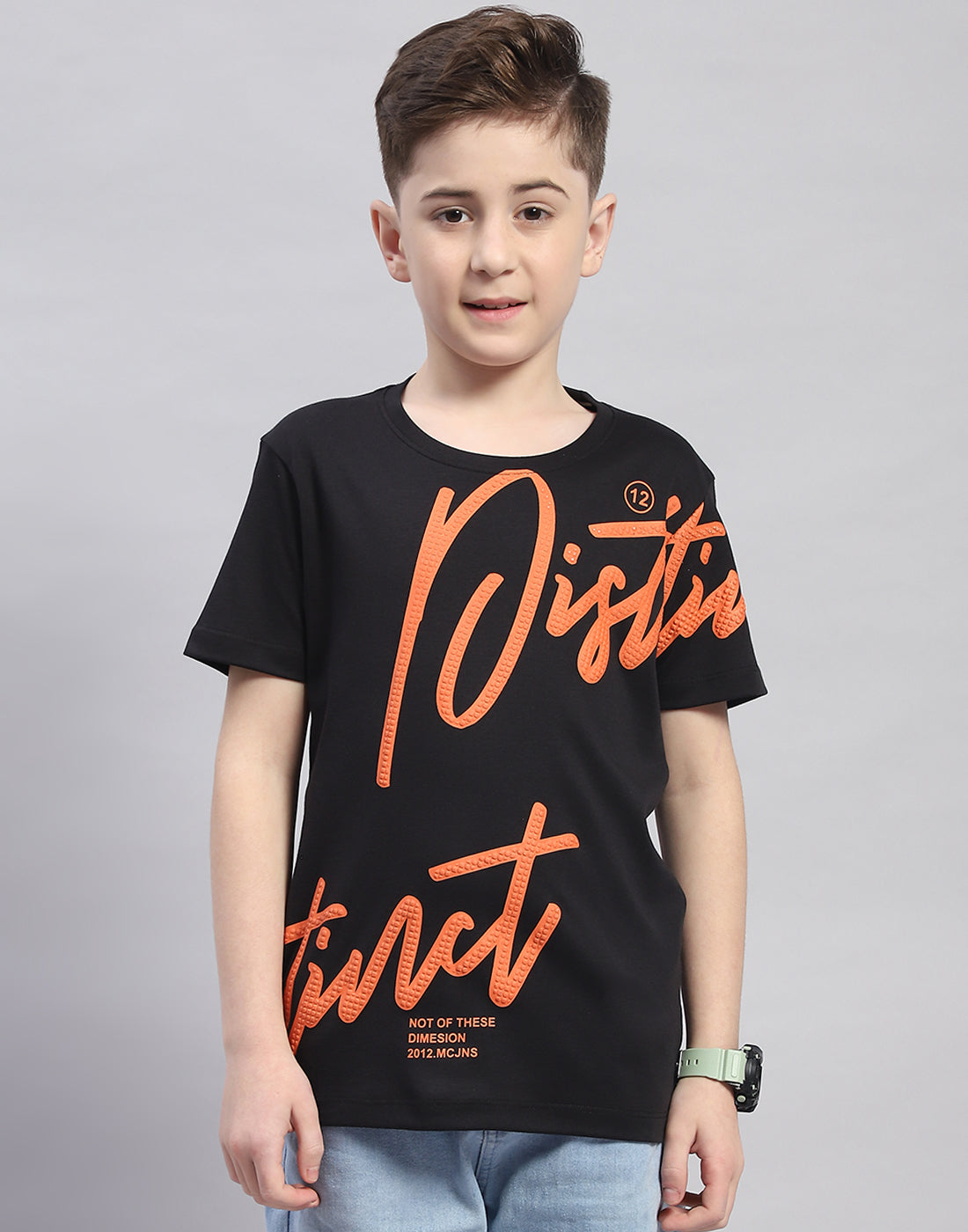 Boys Black Printed Round Neck Half Sleeve T-Shirt