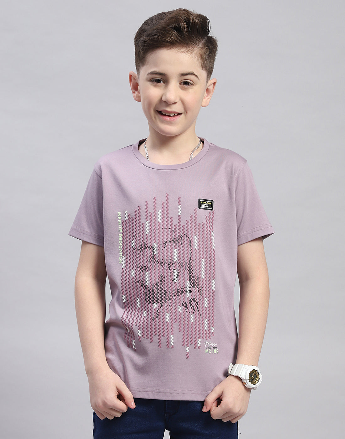 Boys Mauve Printed Round Neck Half Sleeve T-Shirt