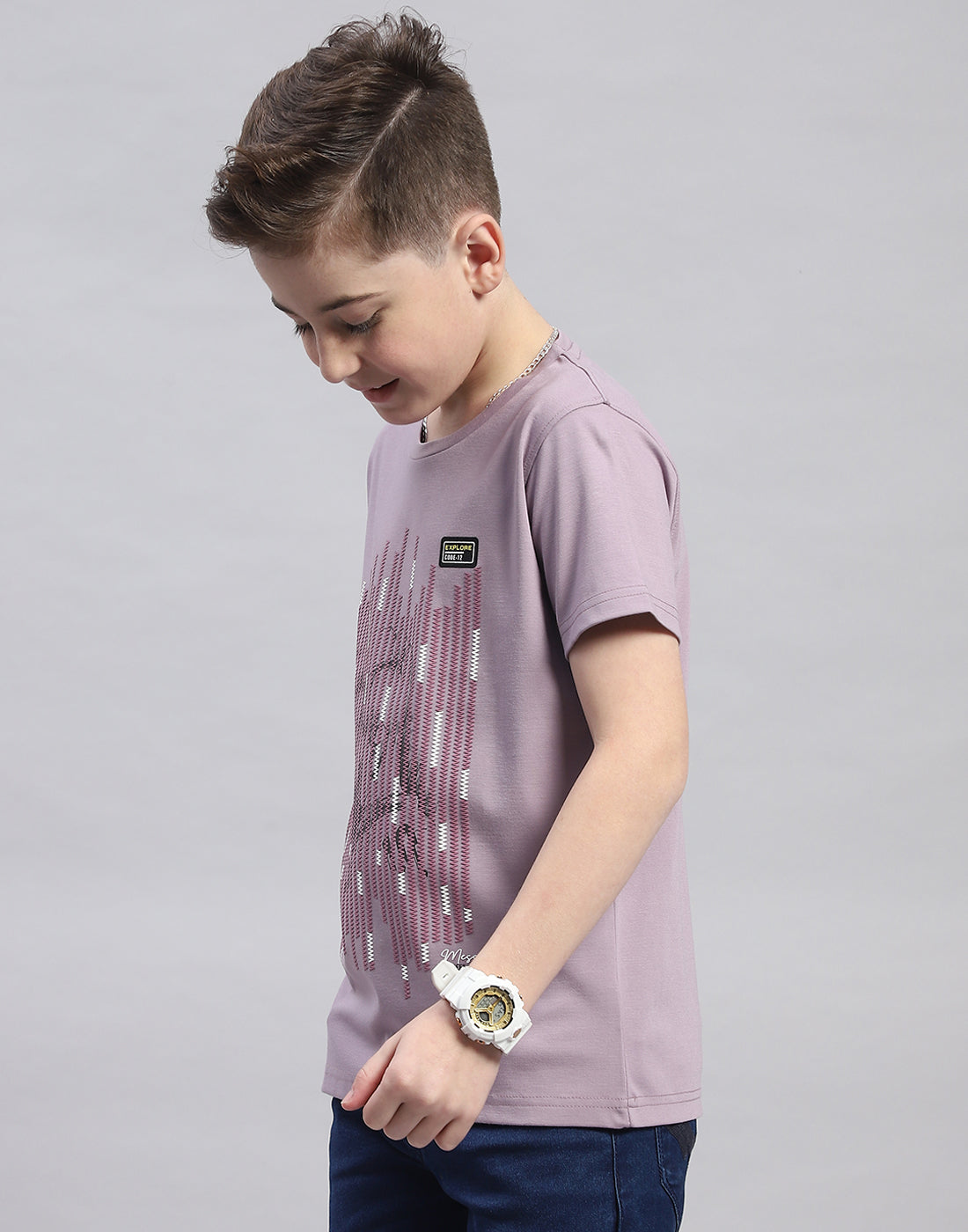 Boys Mauve Printed Round Neck Half Sleeve T-Shirt