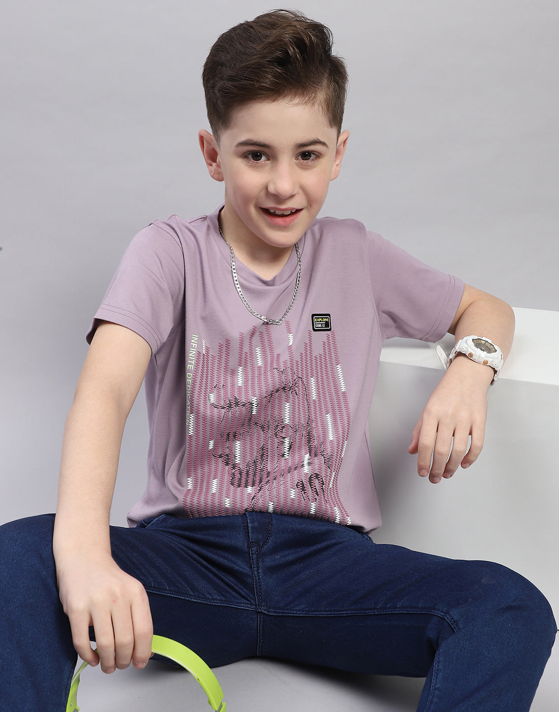 Boys Mauve Printed Round Neck Half Sleeve T-Shirt