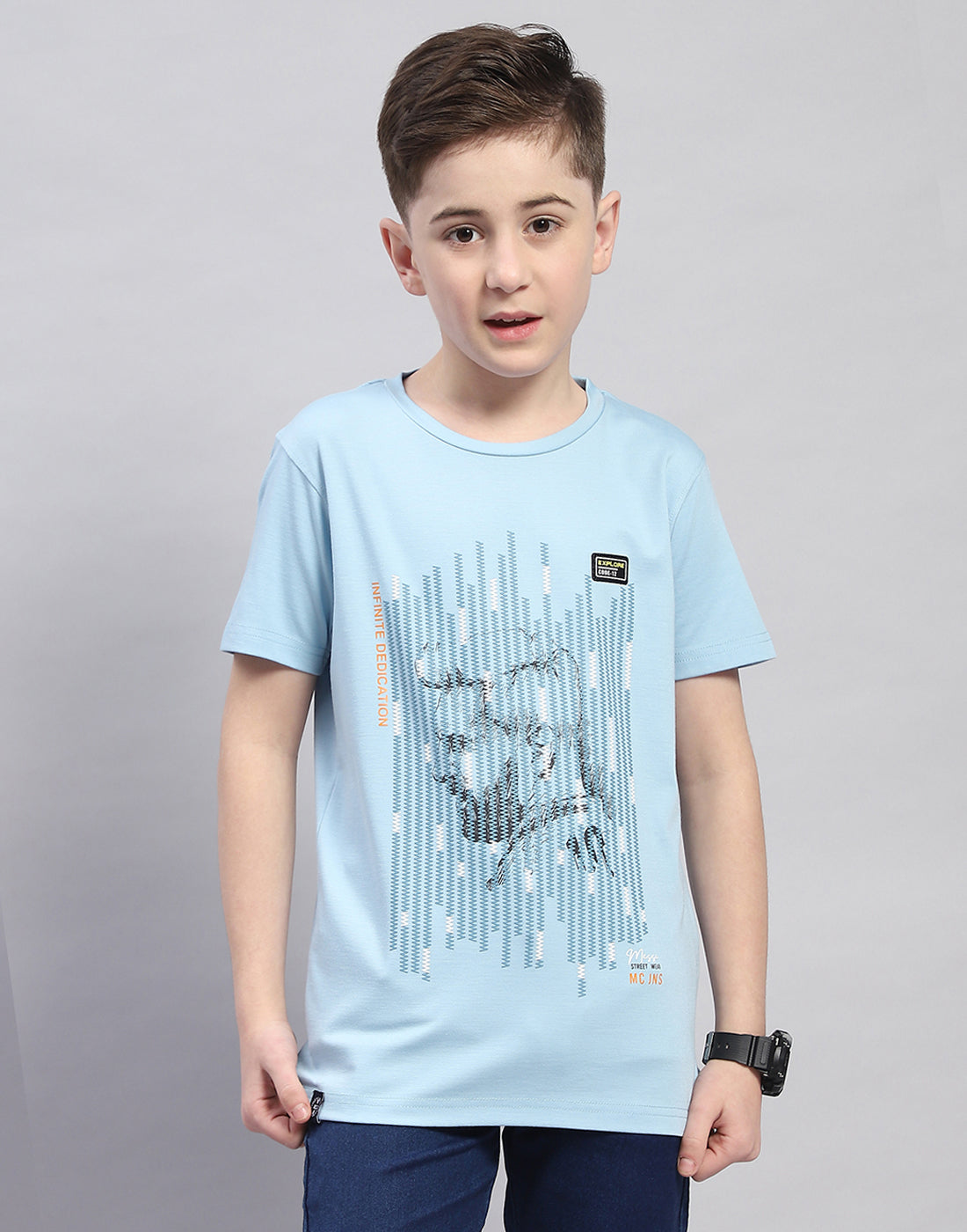 Boys Blue Printed Round Neck Half Sleeve T-Shirt