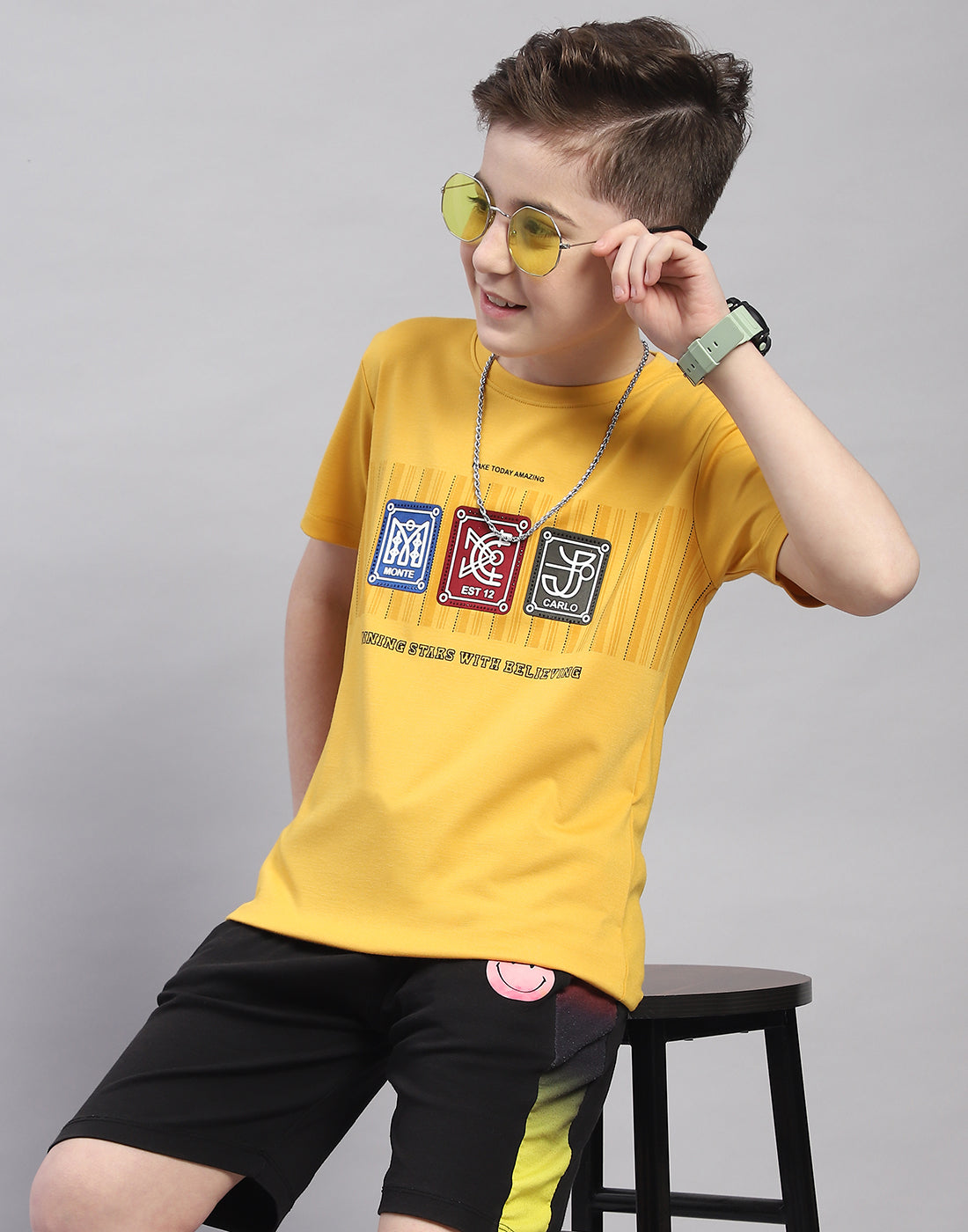 Boys Yellow Printed Round Neck Half Sleeve T-Shirt