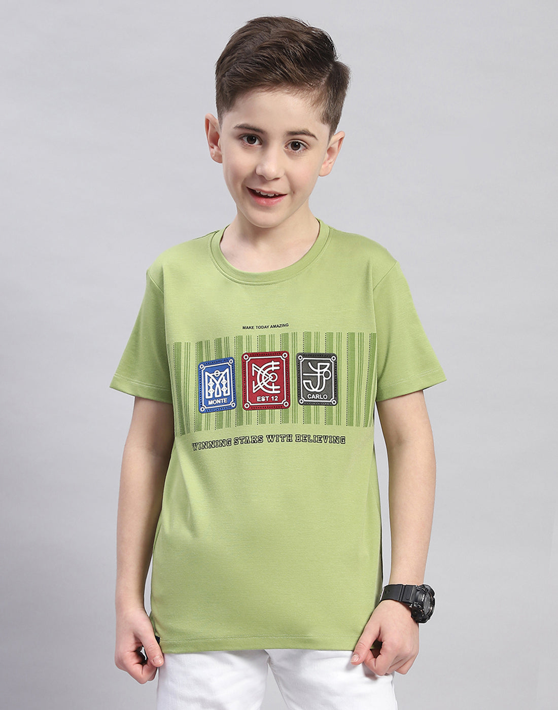 Boys Green Printed Round Neck Half Sleeve T-Shirt