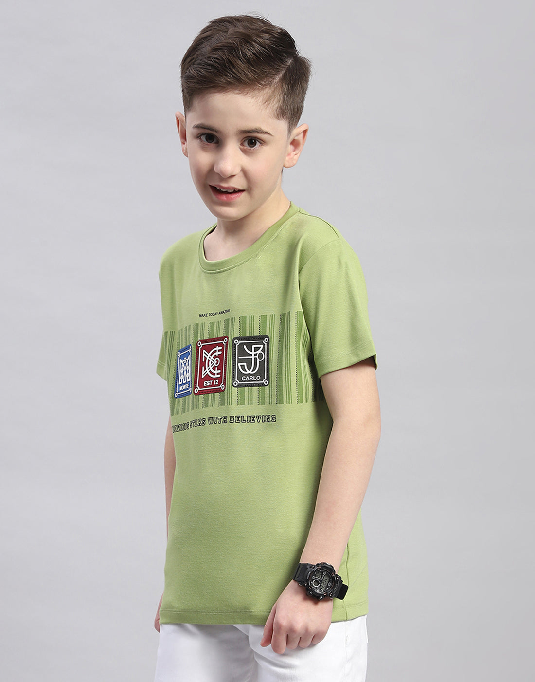 Boys Green Printed Round Neck Half Sleeve T-Shirt