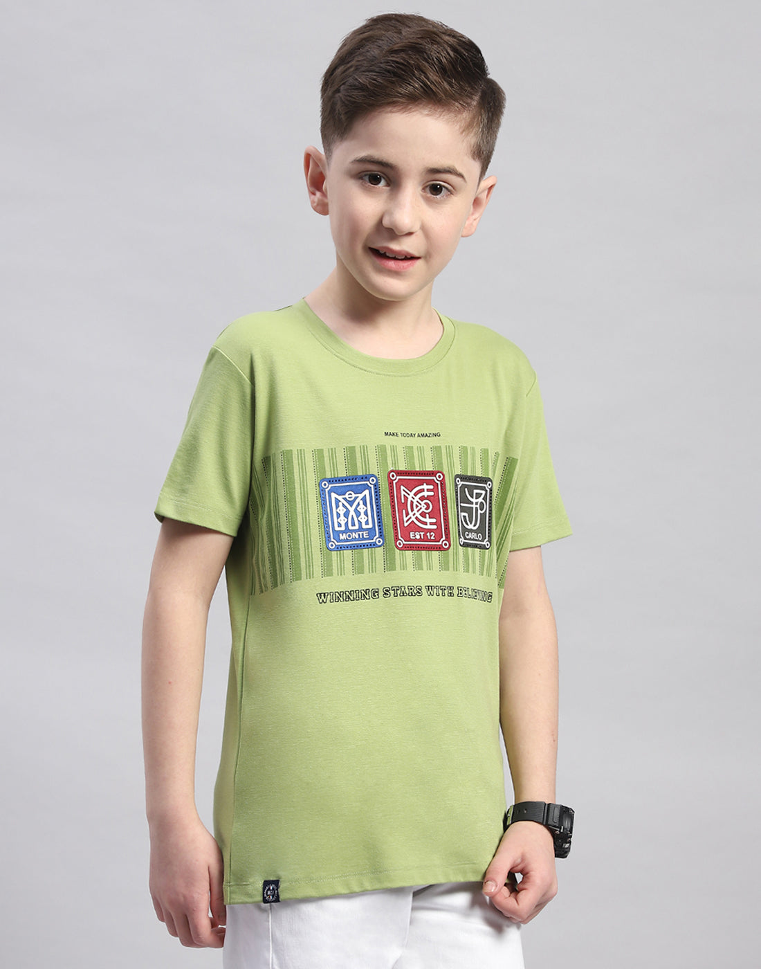 Boys Green Printed Round Neck Half Sleeve T-Shirt