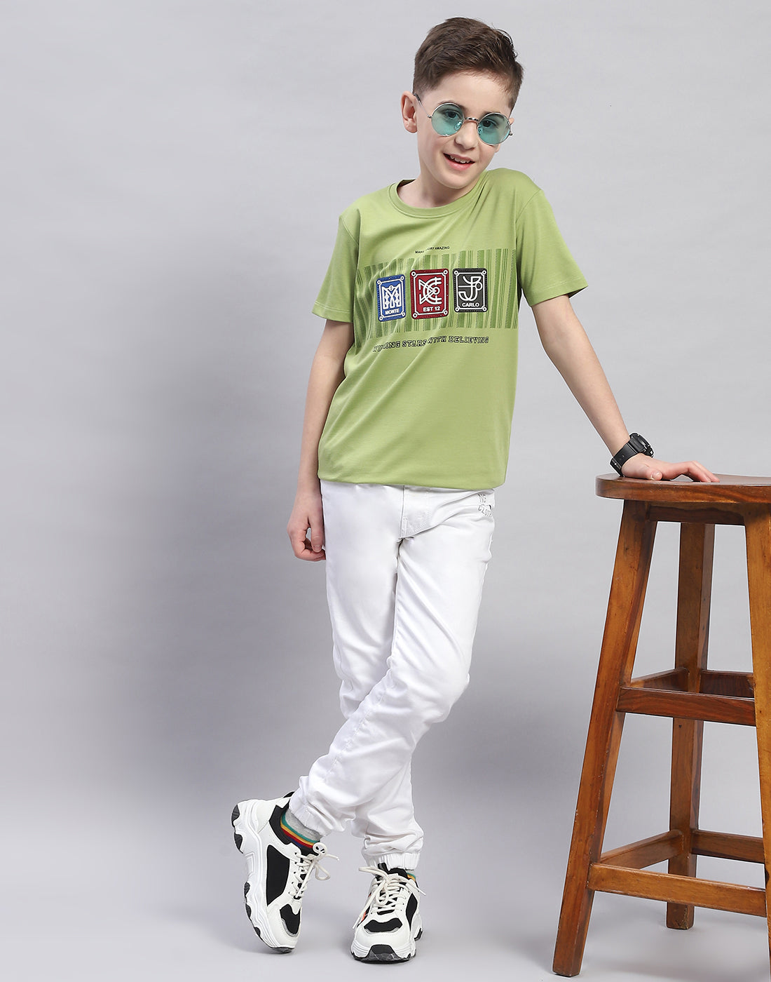 Boys Green Printed Round Neck Half Sleeve T-Shirt