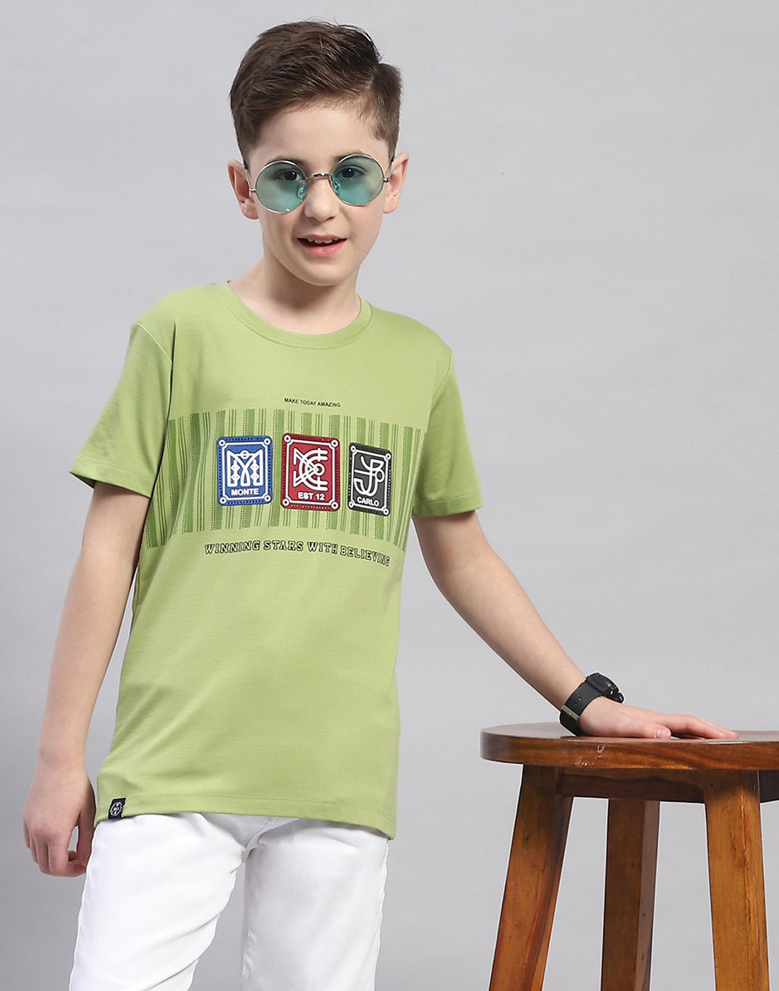 Boys Green Printed Round Neck Half Sleeve T-Shirt