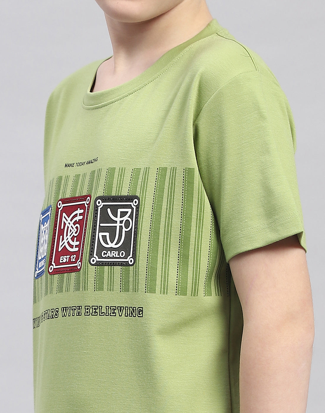 Boys Green Printed Round Neck Half Sleeve T-Shirt