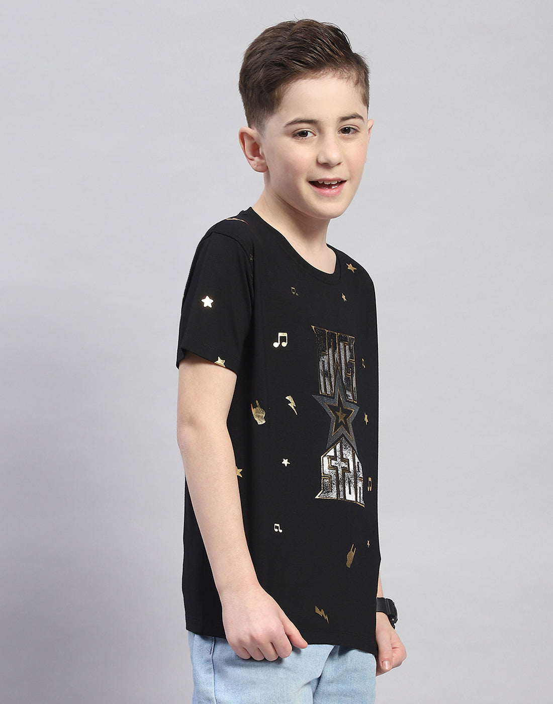 Boys Black Printed Round Neck Half Sleeve T-Shirt