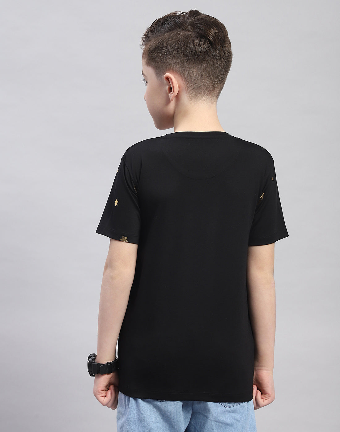 Boys Black Printed Round Neck Half Sleeve T-Shirt