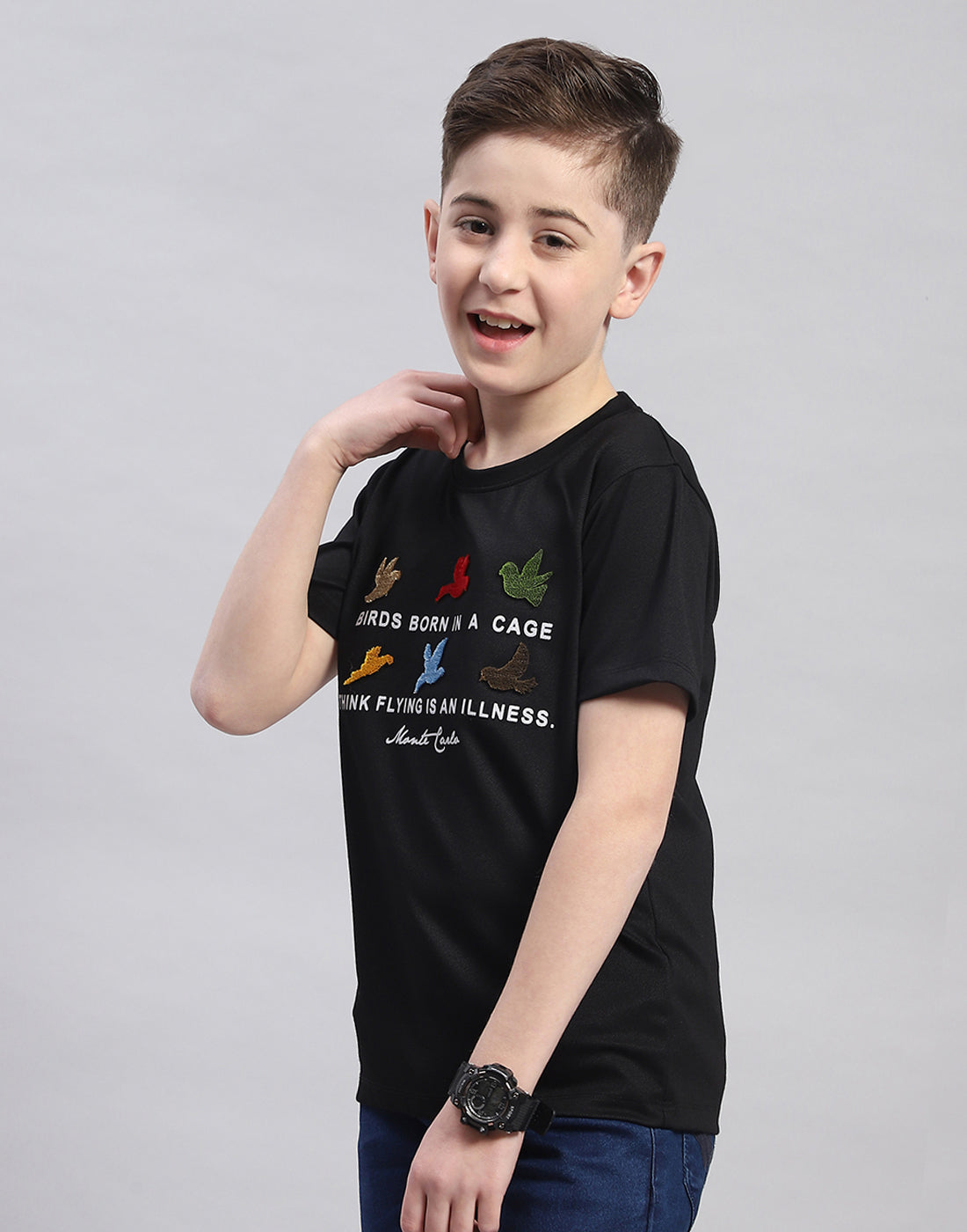 Boys Black Printed Round Neck Half Sleeve T-Shirt