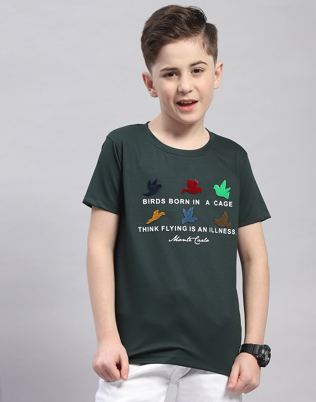 Boys Green Printed Round Neck Half Sleeve T-Shirt